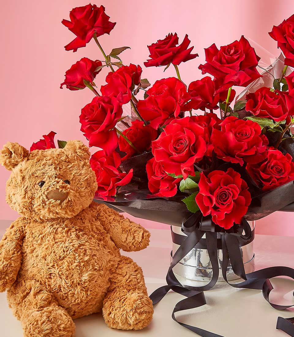 Radiant Red Roses & Bear Hug